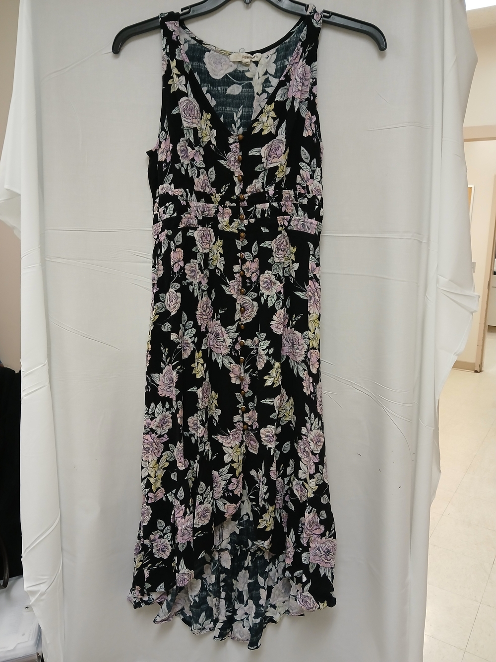 Rewind Black Floral Asymmetrical Midi Dress with Pink Roses